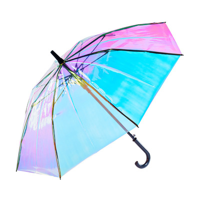 直杆伞新款炫彩透明雨伞加厚镭射透明伞彩虹膜自动长柄伞广告伞